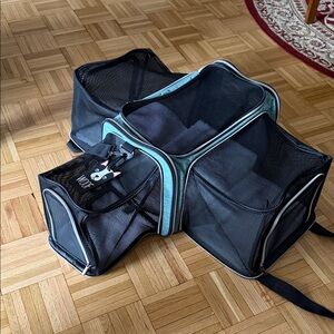 Foldable Mesh Dog Carrier Travel Crate - Black & Teal